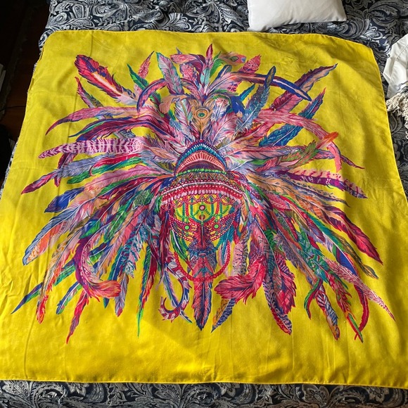 PEISI SILK Carnaval Feather Print Yellow vibrant‎ Bohemian Festival Cover Up - Picture 1 of 8